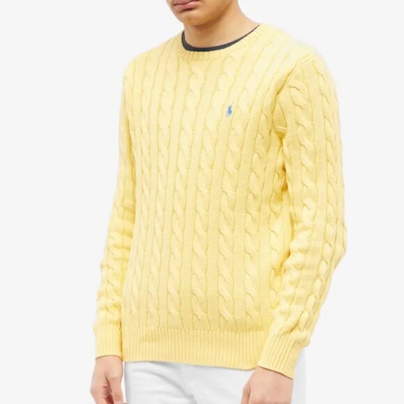 Polo Ralph Lauren Mens XL Yellow Cable Knit Cotton Crewneck Sweater Pony NWOT - Picture 8 of 9